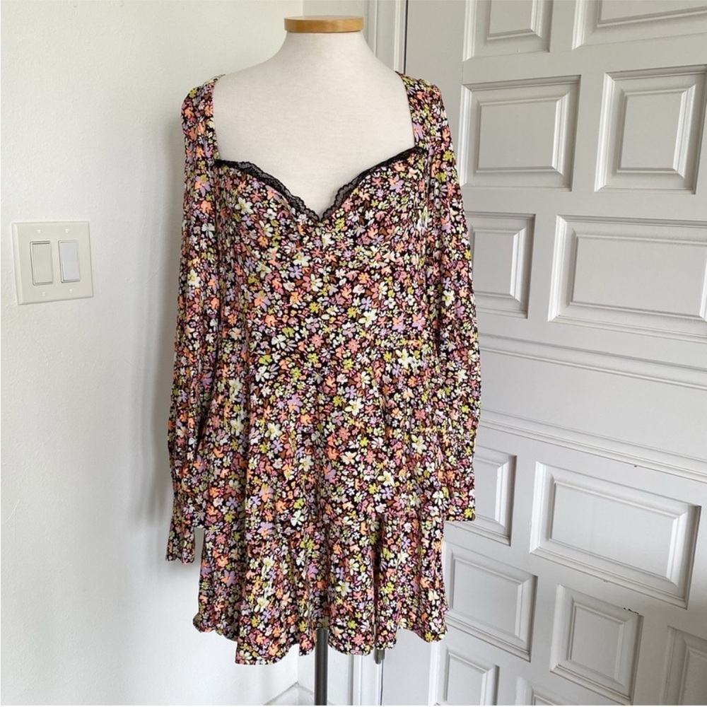 NWT AFRM Modesto Sweetheart Mini Dress Long Sleeve Floral Orange Pink Lace Sz XL
